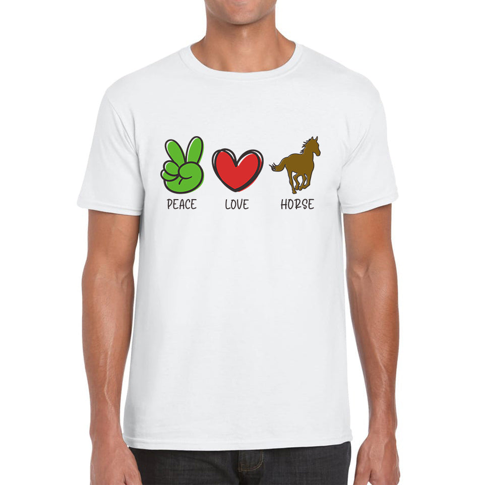 

Peace Love Horse Funny Horse Riding Lovers Adventure Peace Logo Mens Tee Top 2XL