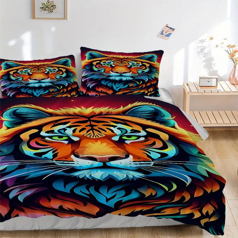 

3pcs Tiger Print Bedding Set - 1 Duvet Cover + 2 Pillowcases(Core Not Included), Machine Washable Polyester yy251216151 135x200cm
