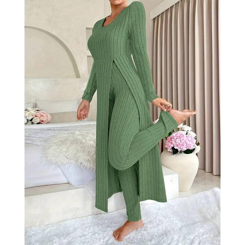 Herfst Winter Huis Casual Damespak Modieus Effen Kleur Ronde Kraag Super Lange Split Top Slimme Broek Tweedelig Pak