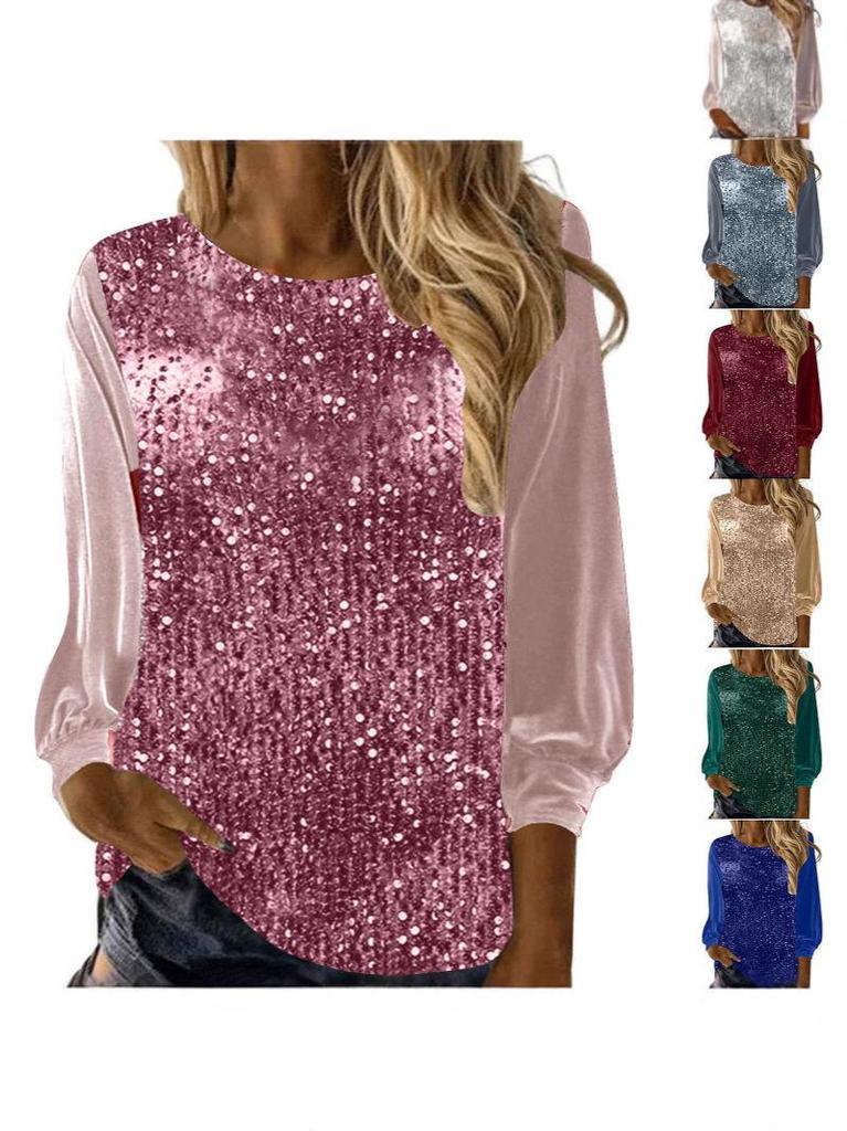 2025 European & American Women's Casual Sequin Round Neck Long Sleeve Pullover