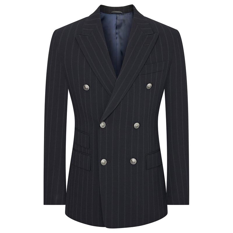 Baoxiniao Men's Navy Striped Double-Breasted Suit Jacket