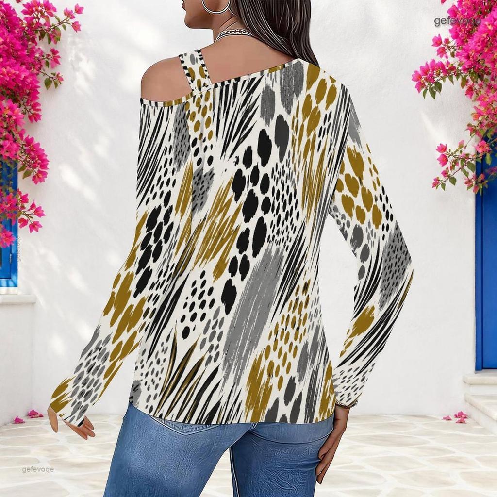 Women Plus Size Camouflage Print Asymmetric Cutout Cold Shoulder Long Sleeve Fitted Top