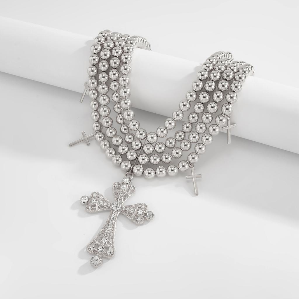 Internet Celebrity Diamond-encrusted Cross Multi-layer Necklace CCB Round Bead Beaded Light Luxury Exaggerated Lady's Necklace