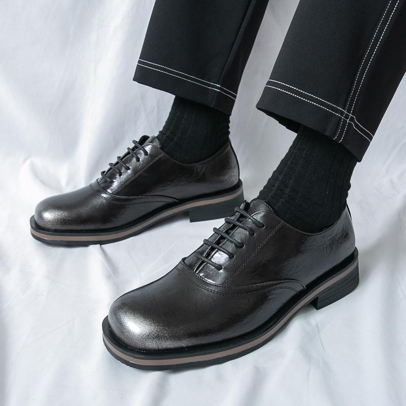 Fashion Retro Black Thick Bottom Large Head Men's Shoes Wedding Business Casual Lace Up Loafers Round Toe Leather Shoes for Men