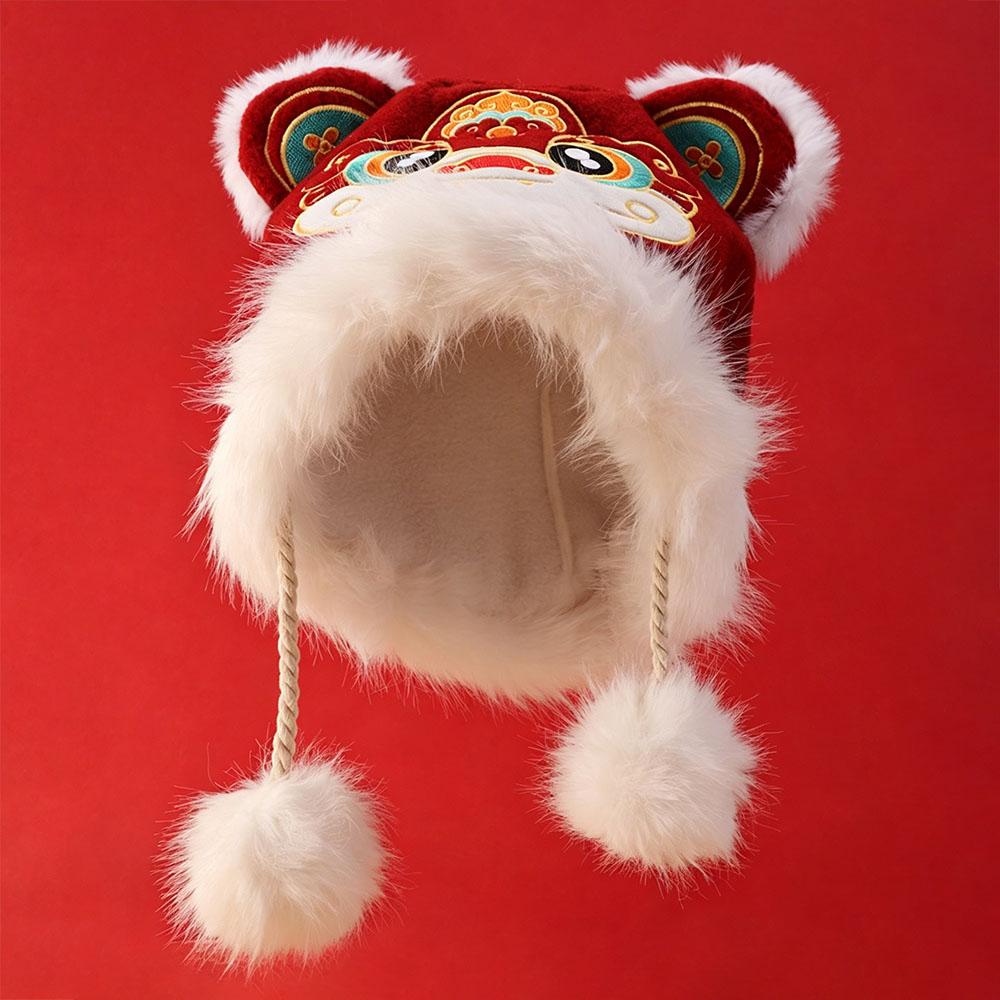Thickened Children's Lion Dance Hat Chinese Style Winter Warm Hat Plush Beanies  Female/Girls