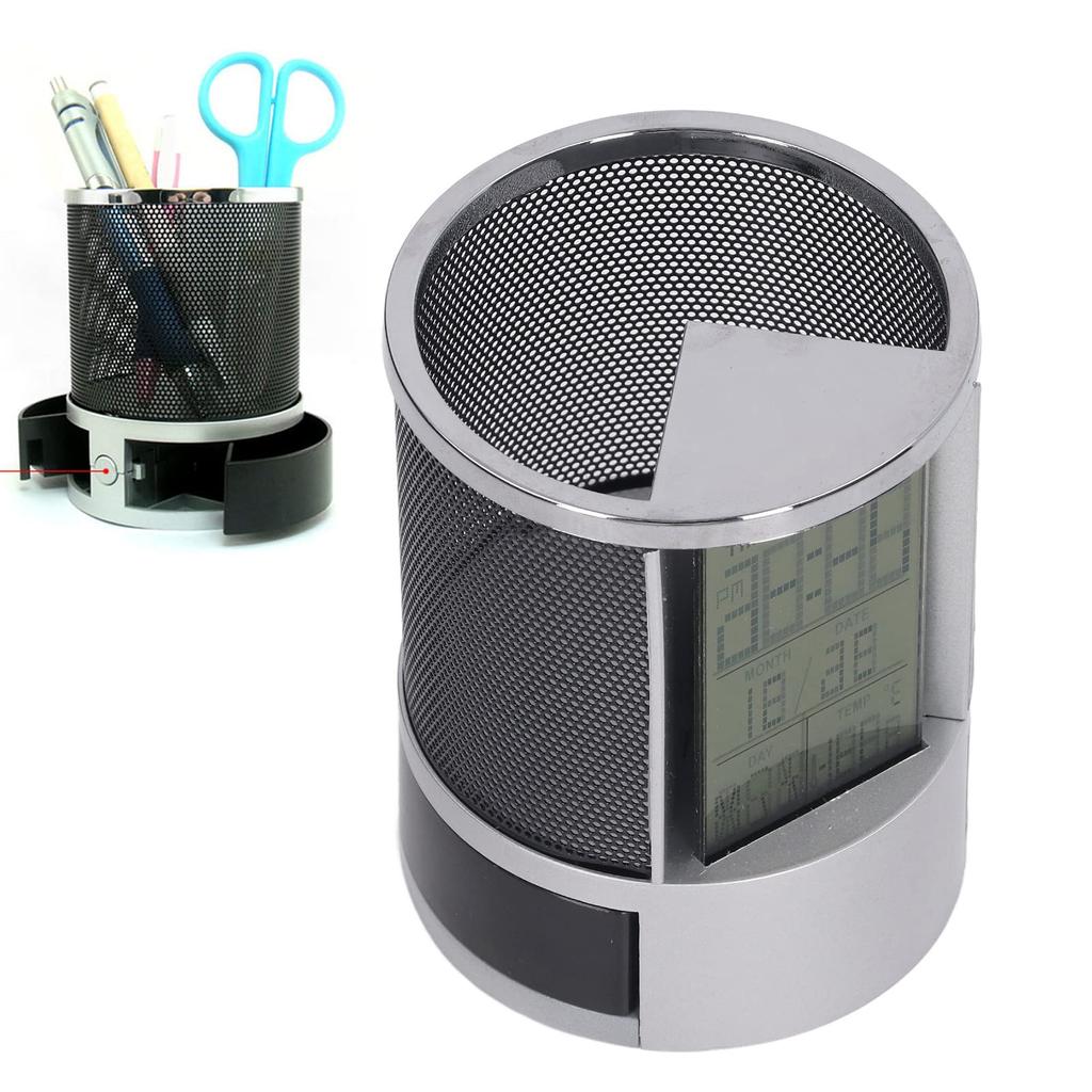 Cube Desk Stand with Digital Calendar and Clock, Pen Holder, Pencil Case, Desktop Storage Case, Multifunctional Pencil Holder, Approx. 11x8.5x8.5cm