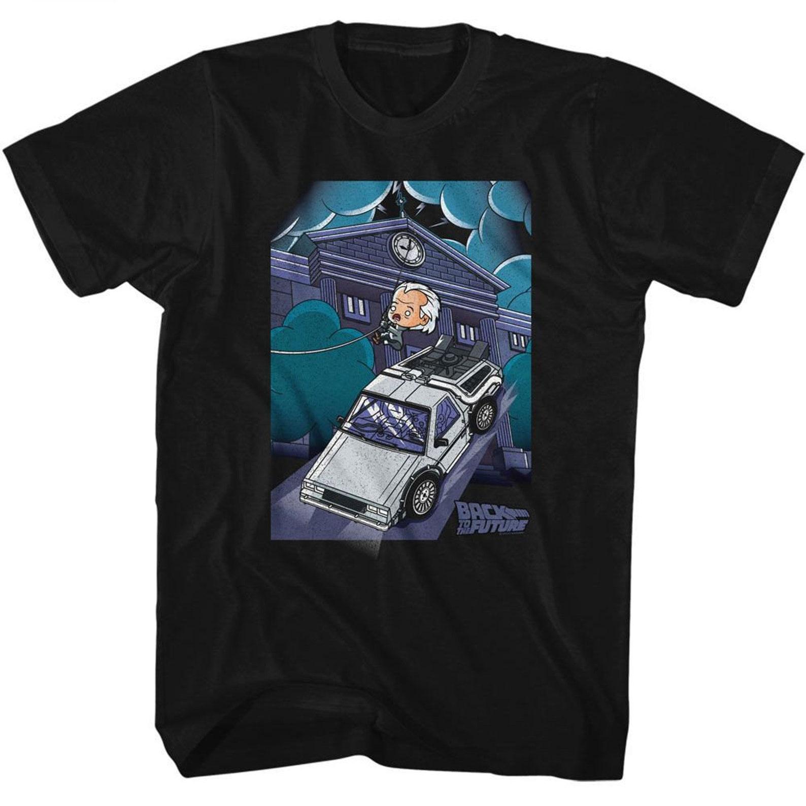 Back To The Future Cute Cartoon Doc And Clock Tower Black T-Shirt 2XL