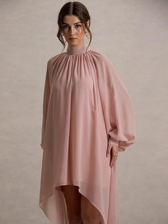 Elegant Women's Long Sleeve High Neck Pleated Dress