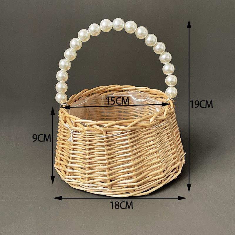 

In-Stock Pearl Tote: Woven Rattan & Bamboo Basket for Flowers or Souvenirs, Bridesmaid Gift