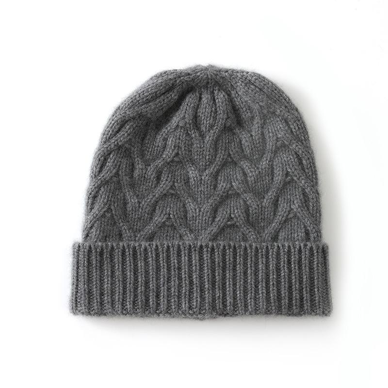 Cashmere Autumn and Winter New Style Women's High End Solid Color Knitted Warm and Cold Proof Fashionable Twisted Cuff Casual Hat