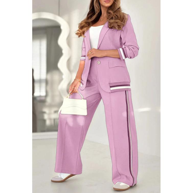 Pant Sets Women Wide Leg Pants Two Piece Set Button Coats Matching Sets Patchwork High Waist Elegant Trousers Pockets Sporty