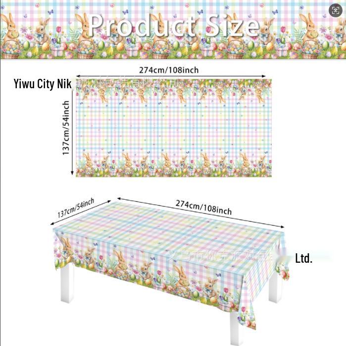 Easter Striped Plaid Tablecloth with Eggs & Rabbits, Disposable PE Party Tableware