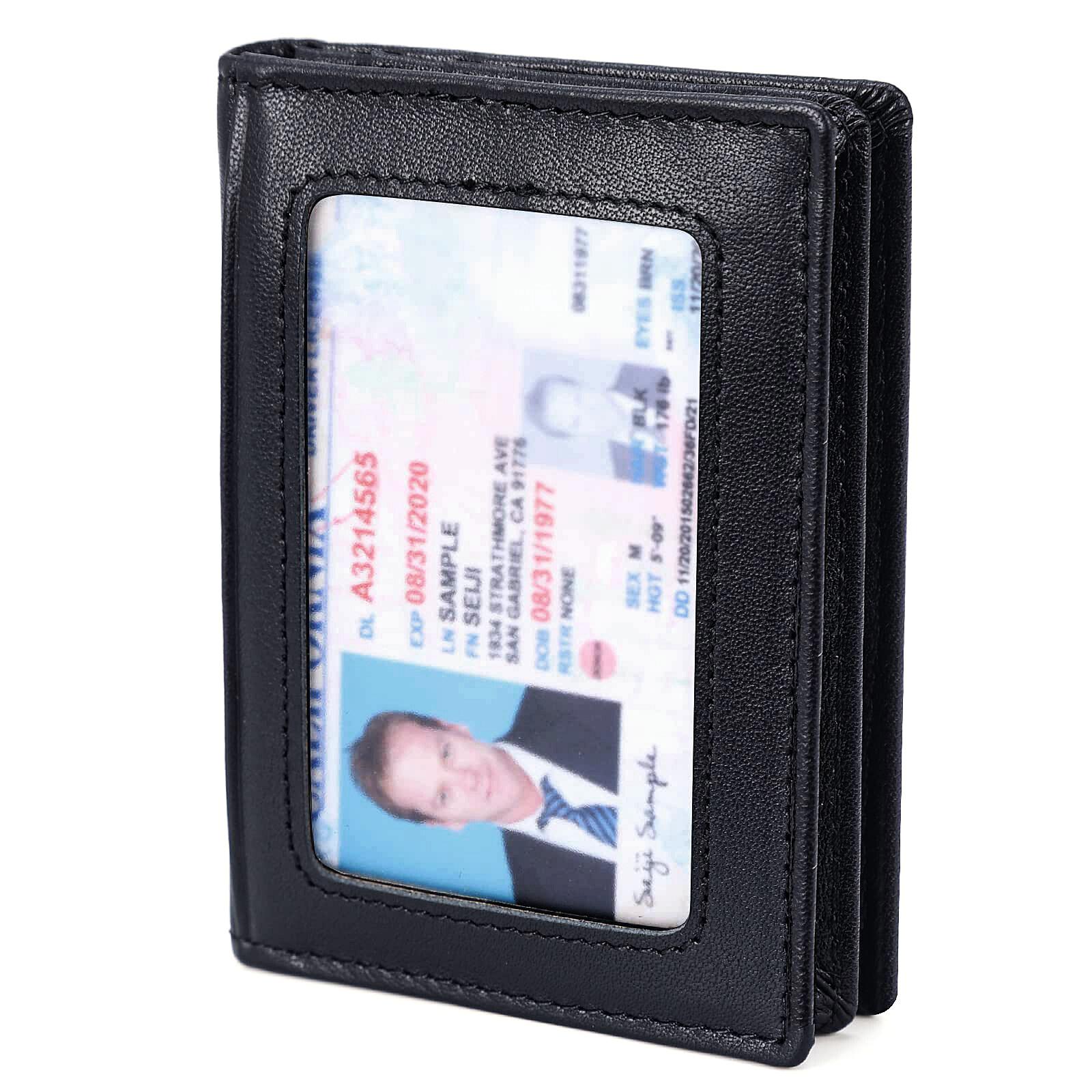

Мужской тонкий передний карманный кошелек с RFID-блокировкой, двойной складной держатель для кредитных карт из натуральной кожи с окошком для удостоверения личности, ретро-стиль чёрный