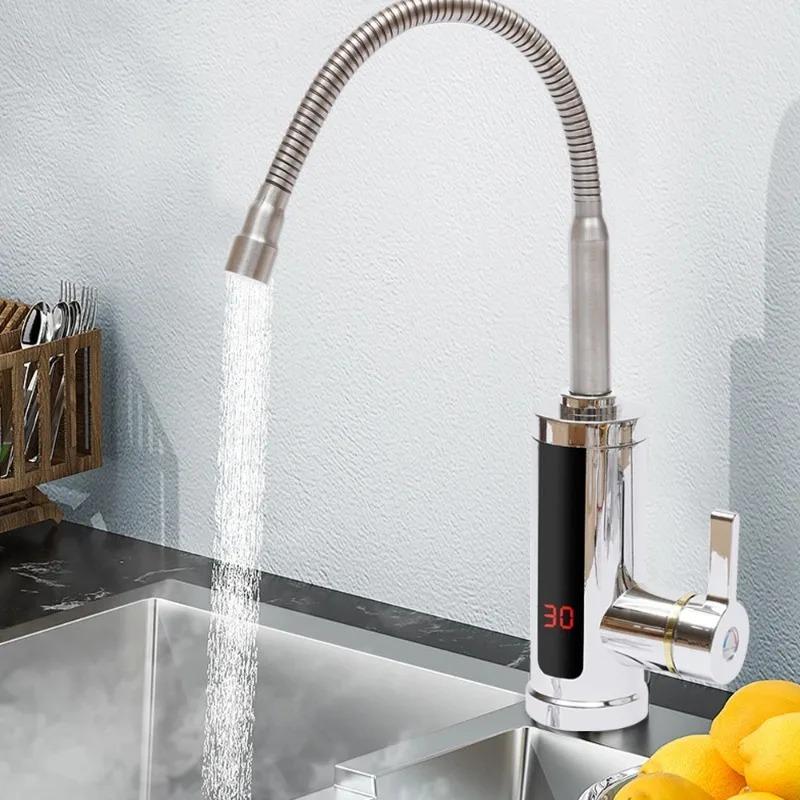 3KW Instantaneous Electric Tap, 360° Rotatable Heated Kitchen Faucet with LCD Temperature Display