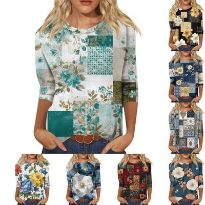 Modisches lässiges Damen-T-Shirt-Top mit Rundhalsausschnitt, Dreiviertelärmel und Retro-Print