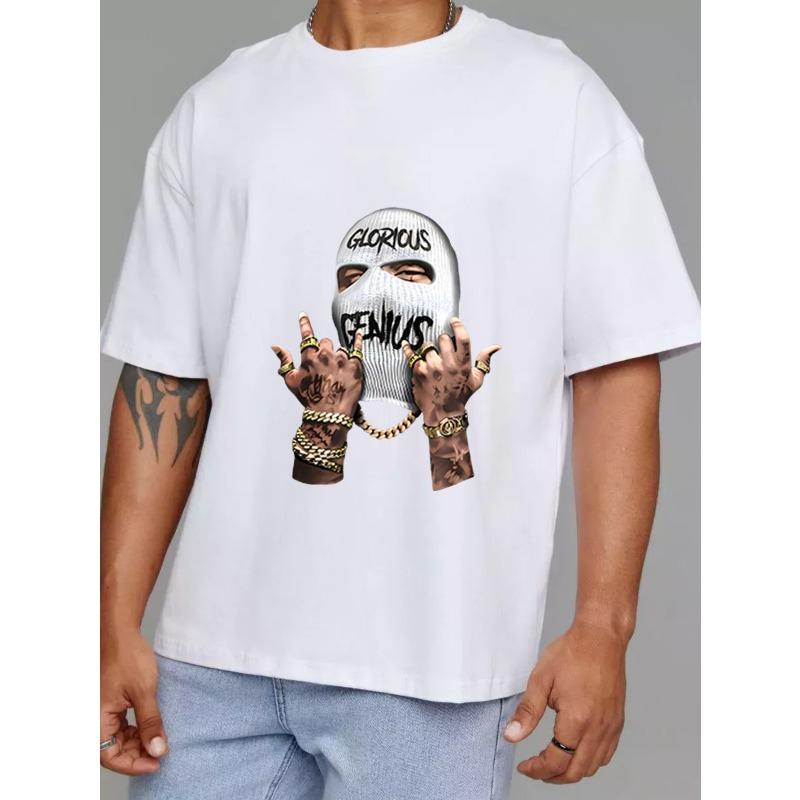 

White T Shirt with Glorious Genius Mask and Tattooed Hands Print for Casual Streetwear Style S