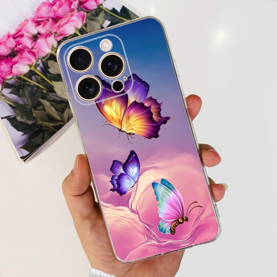 Flower Butterfly Women Fashion Back Cover For iPhone 16 Pro 16 Plus 16 Pro Max Phone Funda Transparent Soft TPU Silicone Case