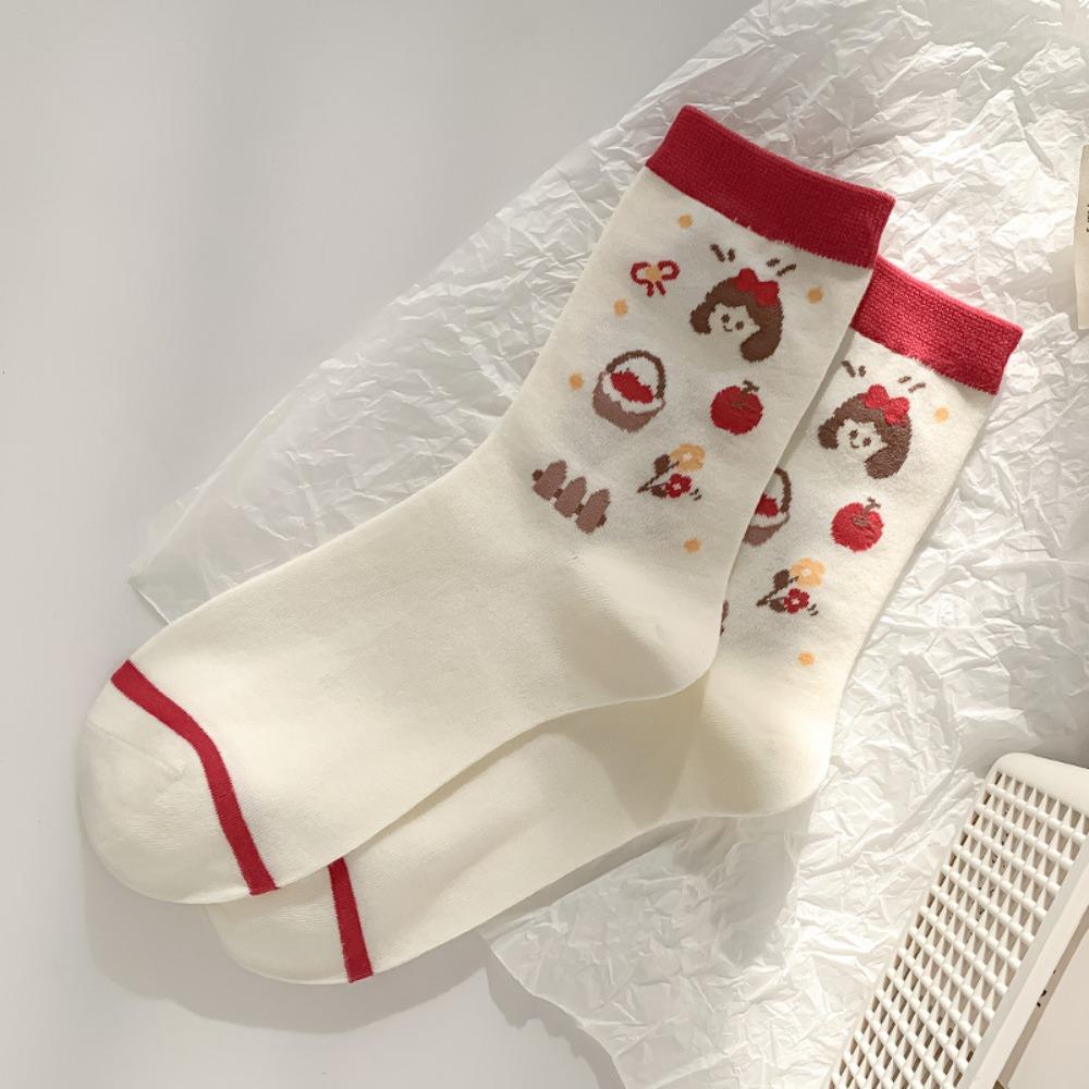 White Mid Length Socks Cartoon Print Long Socks New Socking  for Women B