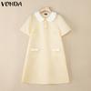 VONDA Elegant Women Lapel Neck Short Sleeve Smooth Satin A-line Dress