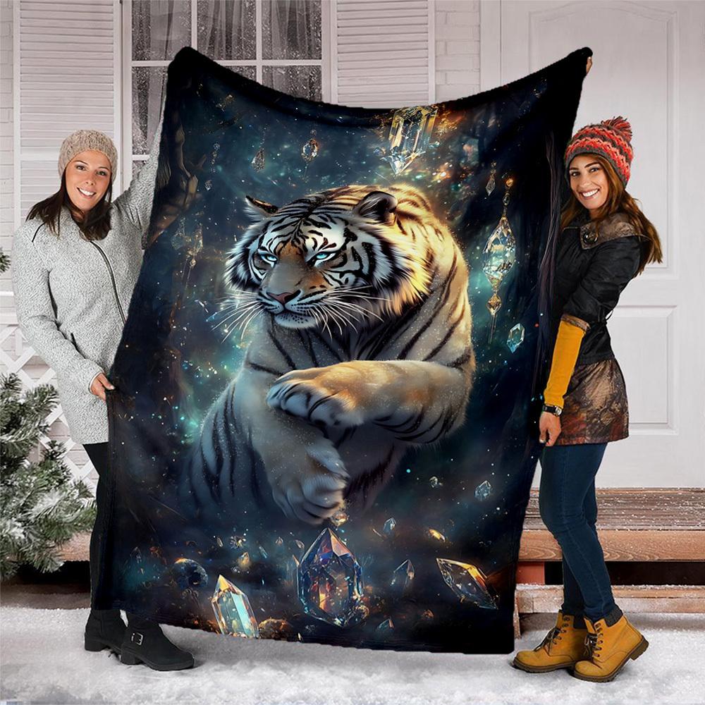 1pc Tiger Crystal Fantasy Throw Blanket Polyester Fiber, Lightweight Flannel, Soft & Warm, All Season Use for Outdoor, Camping Digital Print