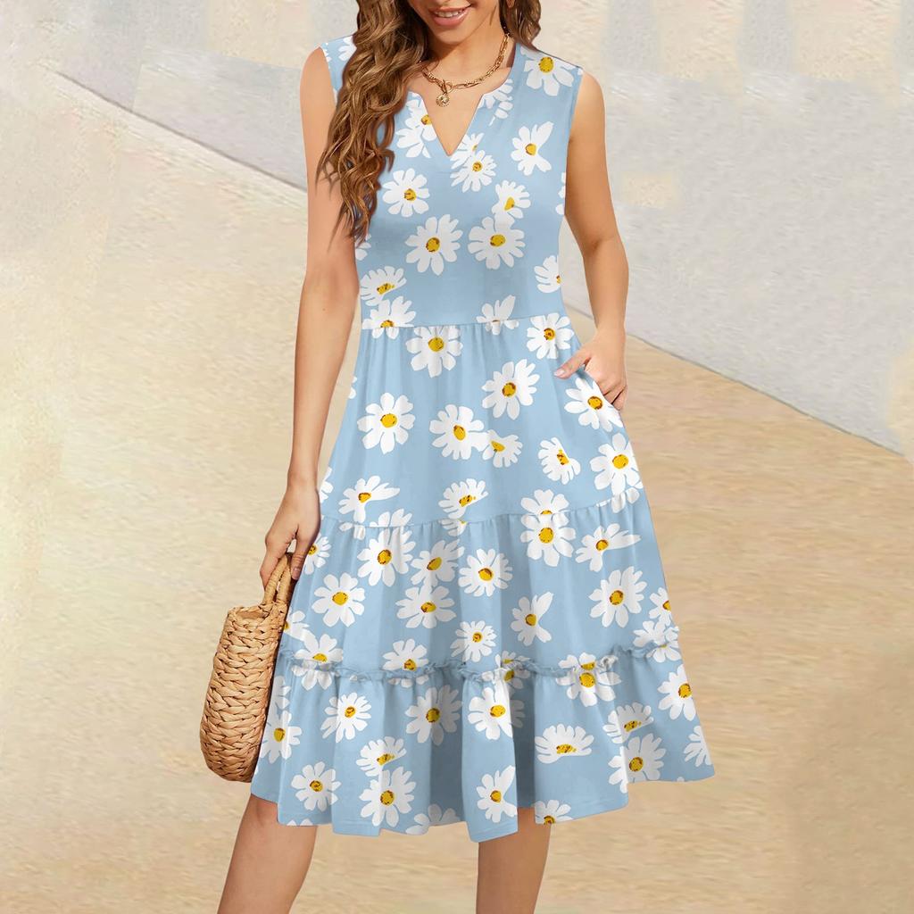 Dámské letní ležérní plisované šaty s volánky ve vintage květinovém stylu s výstřihem do V a bez rukávů