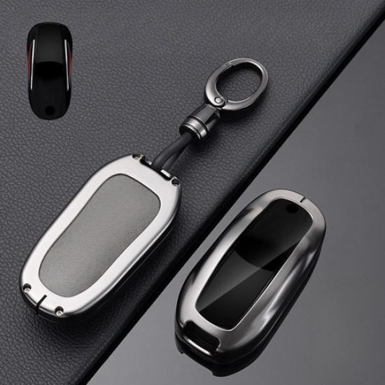 Zinc Alloy Leather Car Key Fob Case Cover With Kechain For Tesla Model X 2016-20