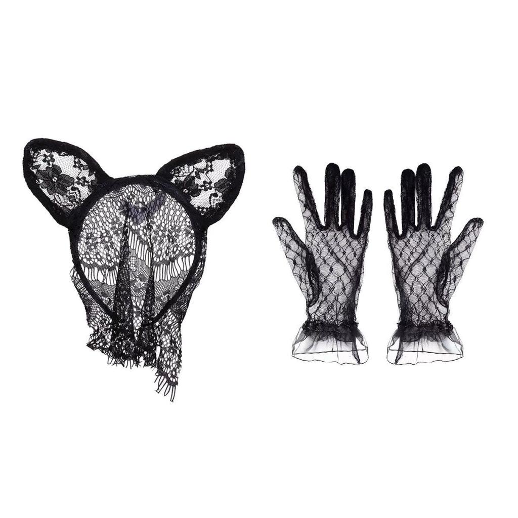 Black Sexy Cat Ears Headband Female Lace Mask Eye Mask Face Mask Mesh Veil Hair Accessories Halloween Headgear