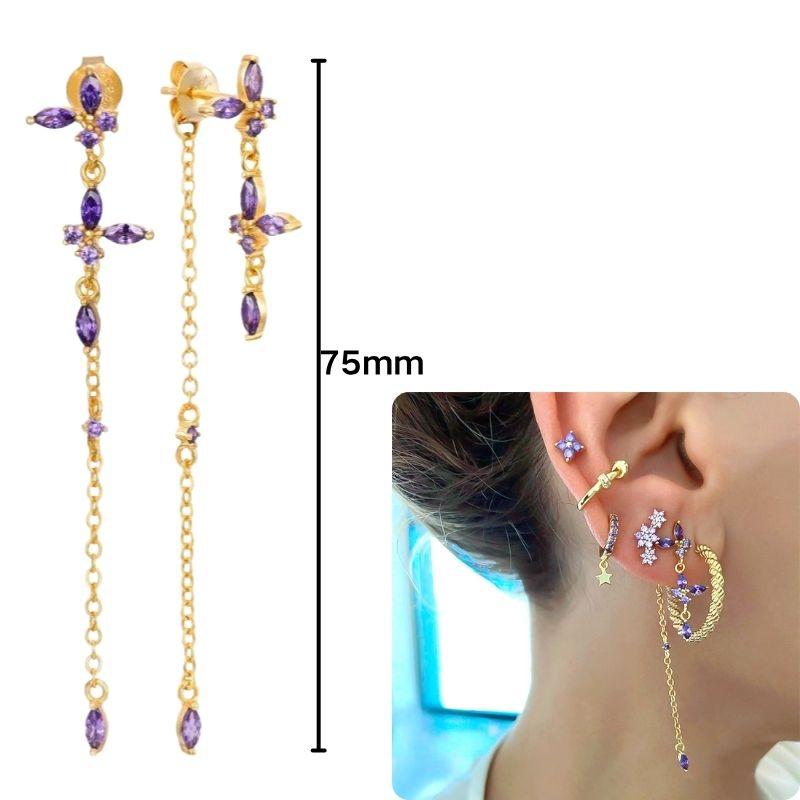 Damen 925 Silber Ohrstecker Lila Zirkon Ohrringe Creolen Lila Kristall Anhänger Ohrring Mode Hochzeits Schmuck
