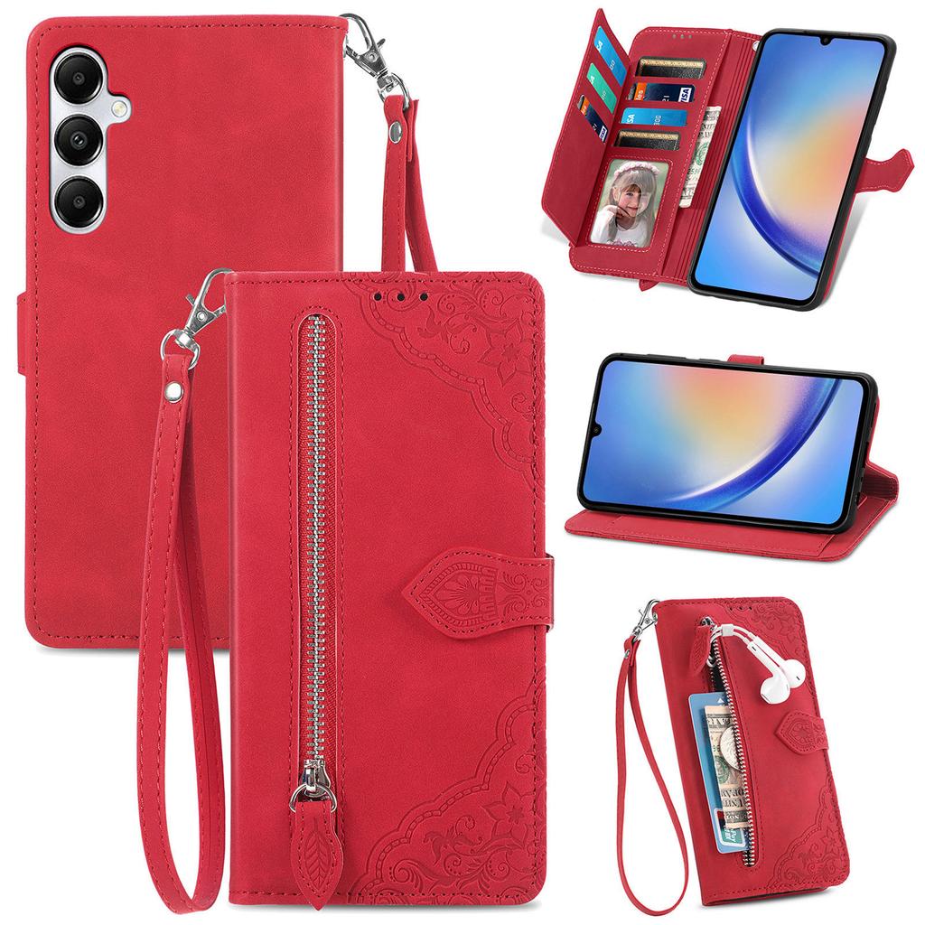 For Samsung Galaxy A15 4G/A15 5G Zipper Wallet Case with Strap Flower Imprint PU Leather Phone Cover