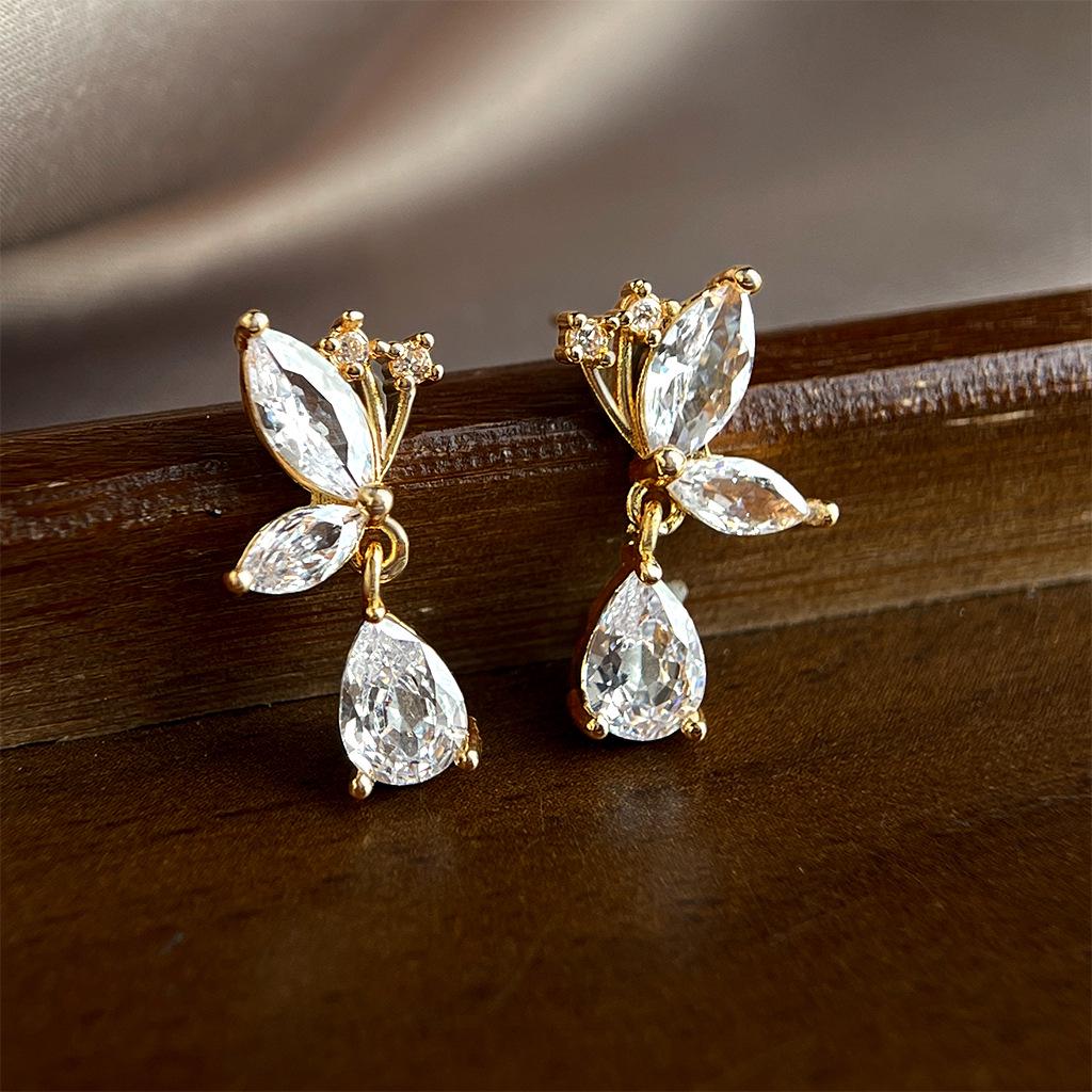 Elegant Zircon Butterfly Water Drop Earrings: Simple, High-End, Light Luxury Studs