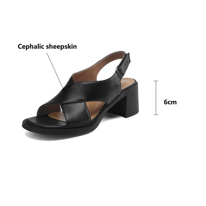 Fashion New Genuine Leather Summer Sandals 2025 Round Toe Chunky Heel Women Sandals Concise High Heels Handmade Shoes for Women