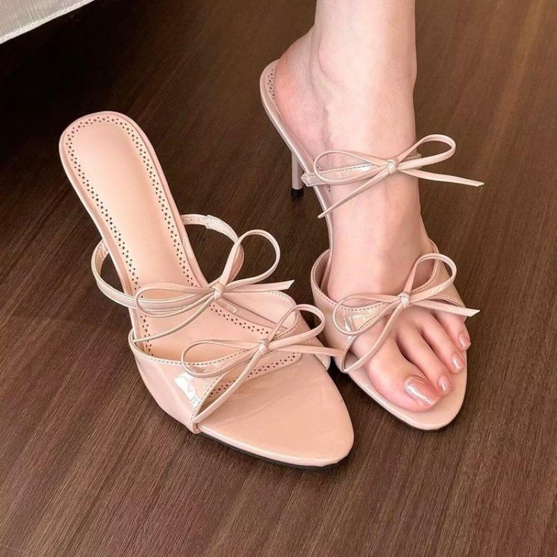 Fashion Women's Cool Drag Fashion Round Toe Open Toe One Line with Bow Non-slip Sandals Summer Outer Wear Stiletto Heels