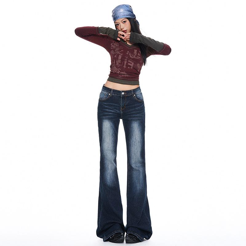 American Spice Girl retro nostalgic micro-pull jeans women's autumn new elastic and thin versatile horn pants