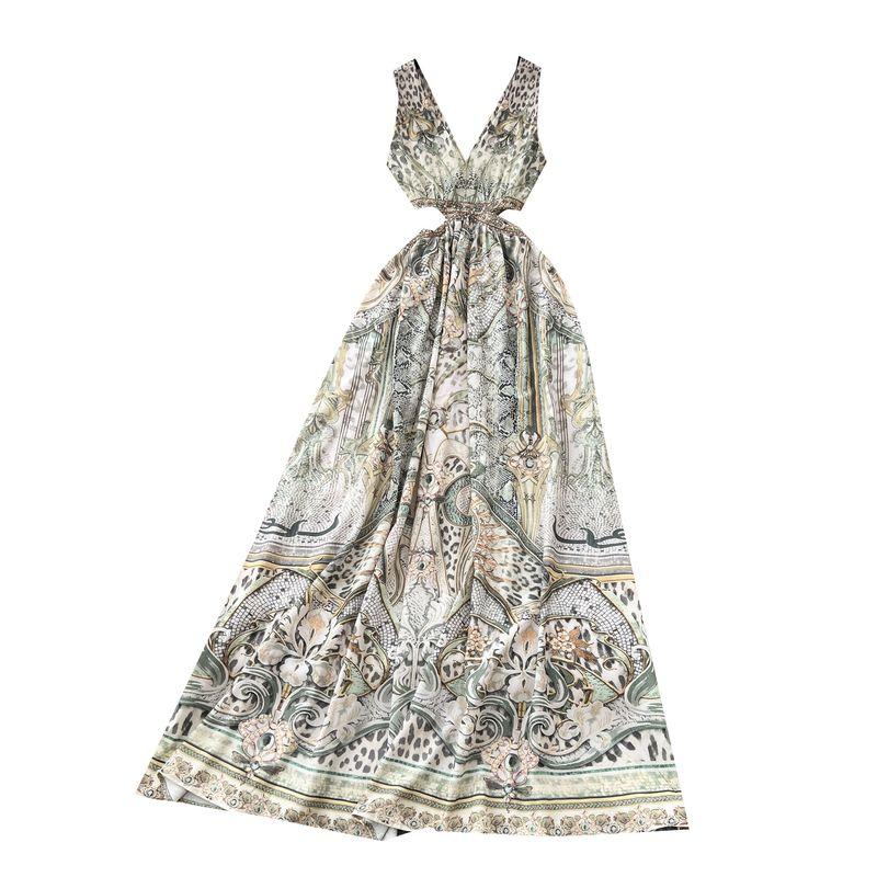 Seaside Holiday Style Dress Women Summer Design Sense Niche Hollow Waist V-neck Sleeveless Print Backless Long Dress
