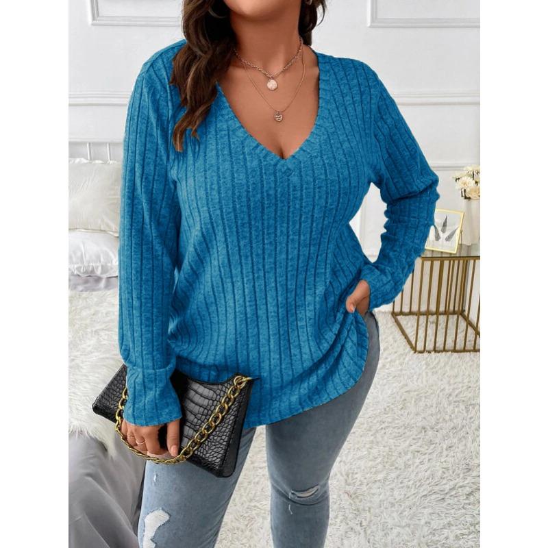 New V Neck Long Sleeve Casual Plus Size Loose Blouse Solid Color Women Large Casual Office Fashion Elegant Long Sleeve Tos Pit Strip Tshirt Clothes