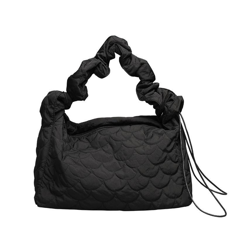 IELGY Japanese Casual Drawstring Canvas Underarm Bag, Fashionable Embroidered Thread Shoulder Pleated Padded Cotton Messenger Bag