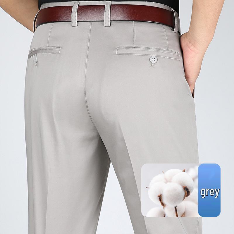 Men's High Waist Straight Leg Cotton Pants - Summer Casual, Solid Color, Middle-Aged, Loose Fit, Deep Crotch, Dad Trousers