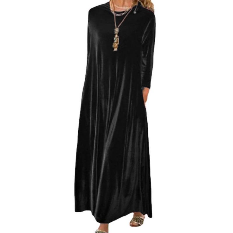 Women Casual Solid Velvet Round Neck Long Sleeve Loose Long A Line Dress