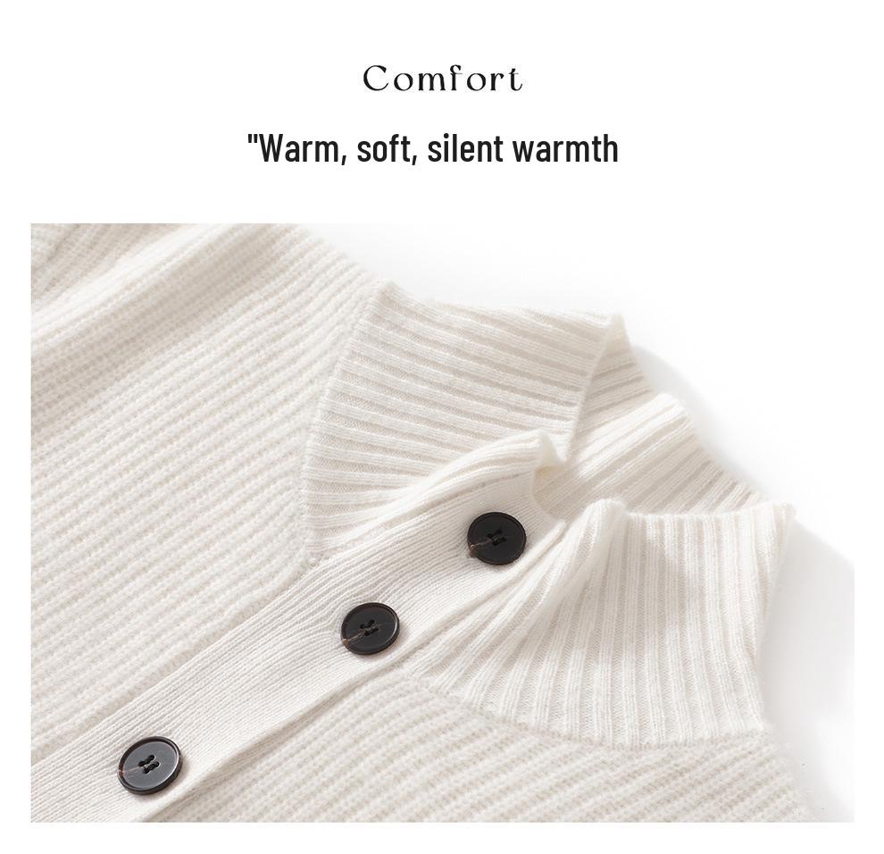 Lekasha Cashmere Half-High Neck Knit Cardigan with Pockets - Thickened Plain Color Top for Autumn/Winter.