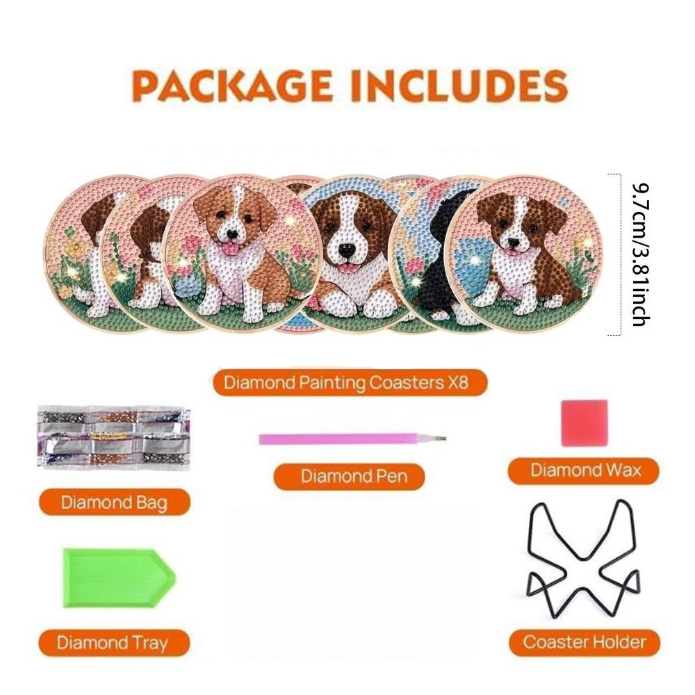 

8Pcs/Set DIY Diamond Painting Coaster Set Cute Puppy with Bracket Diamond Art Craft Set Round Acrylic Painting Placemat Kits