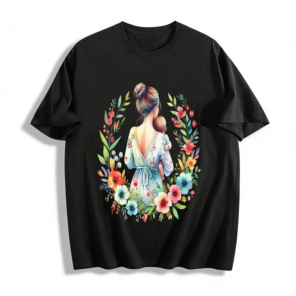 Floral Print Long Sleeve Top Loving Mom Holding Baby Design Pure cotton T-shirt XXS