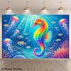 2D Ocean Themed Party Backdrop, Rainbow Seahorse Coral Reef Photo Booth Background Banner