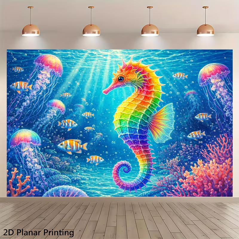 2D Ocean Themed Party Backdrop, Rainbow Seahorse Coral Reef Photo Booth Background Banner