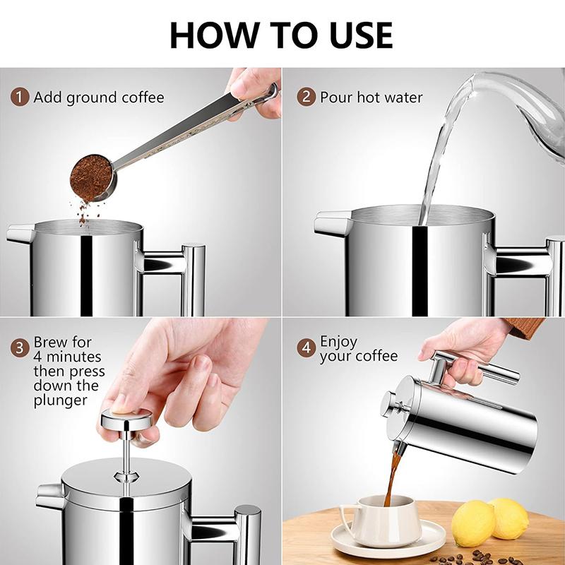 Cafetera de 350 ml/600 ml Cafetera de Prensa Francesa Acero Inoxidable Doble Pared Aislada Cafetera