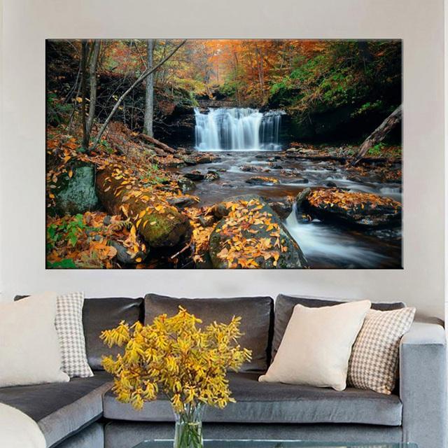 Podzimní hory Vodopád Skály Listy Krajina Malba na plátně Plakáty a obrazy Nástěnné umělecké obrazy Home Decor Bez rámu