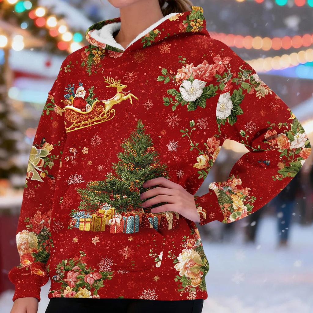 Women's Fashionable Casual Long-Sleeved Christmas Print Fleece-Lined Thick Hooded Sweatshirt