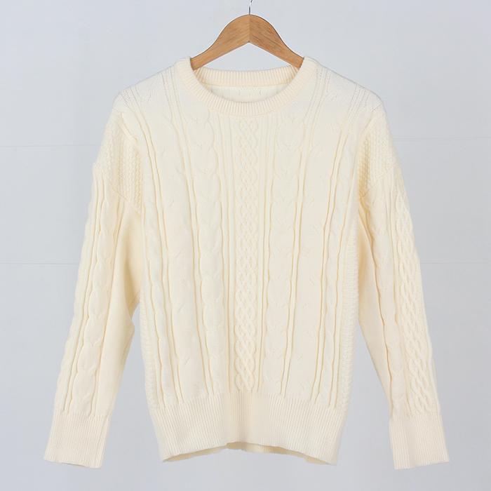 Ppaeppae Round Neck Voluminous Cable Knit Loose Fit Long Sleeve Knit T-Shirt 4 Colors