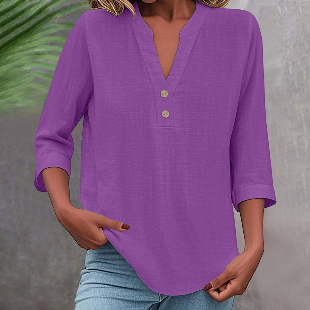 3/4 Sleeve Linen Tops For Women Loose Fit V Neck Button Down Shirts Cute Solid Summer Beach Tee Shirts