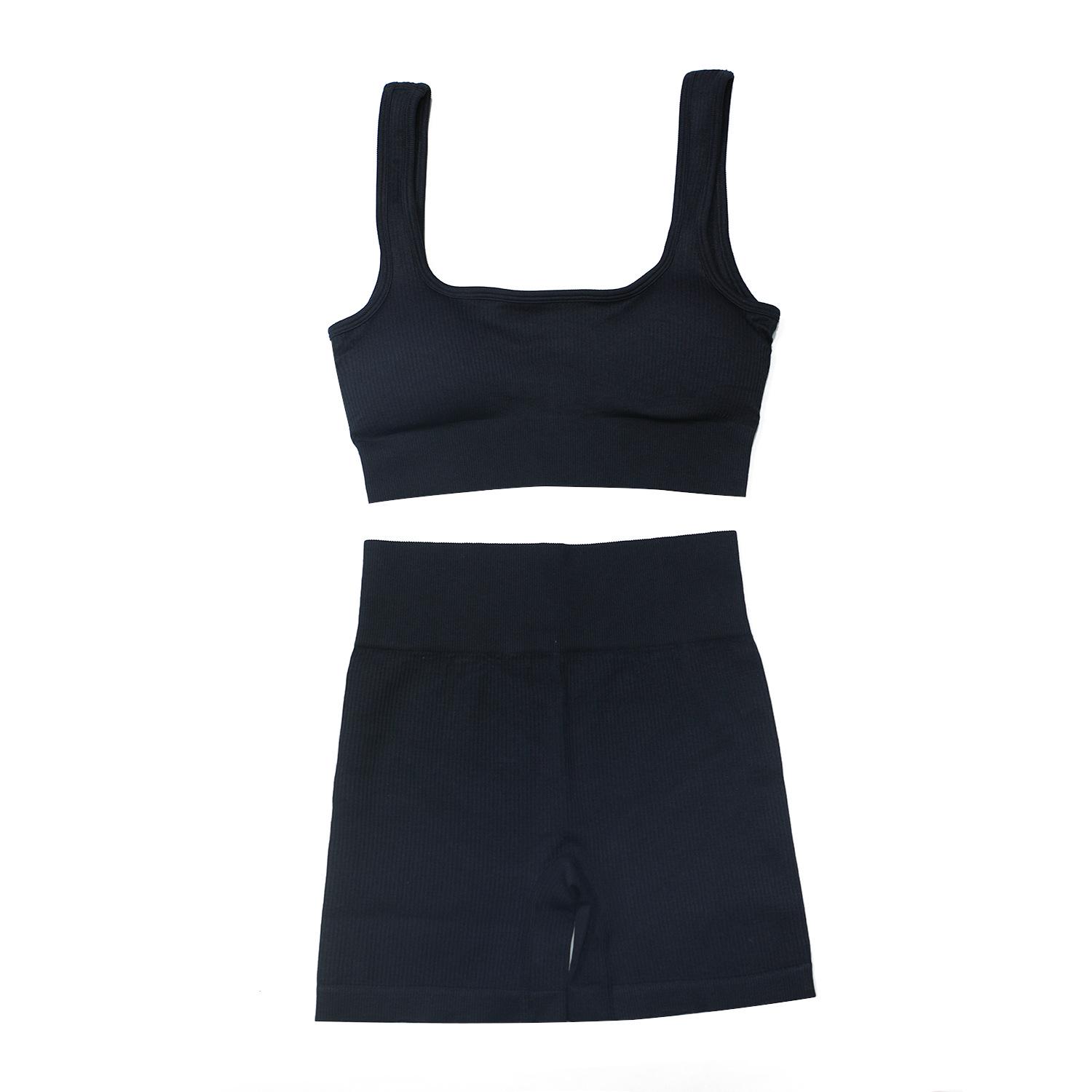 Seamless Ribbed Yoga Set: Double Strap Top Long Pants for Women Medium
