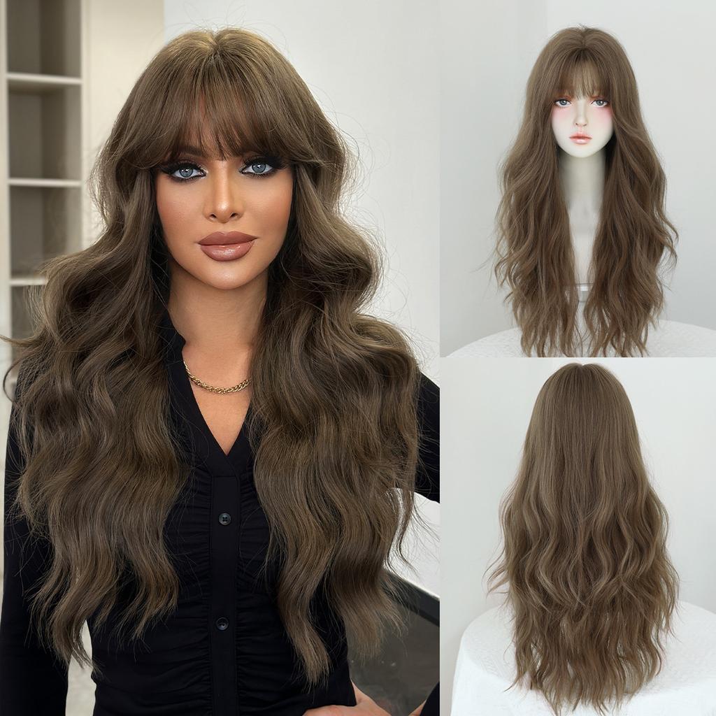 Middle East Mist Tea Light Brown Long Curly Wig for Women -Big Waves Full Bangs, Quick Beauty Daily Styling, High Quality Full Cap